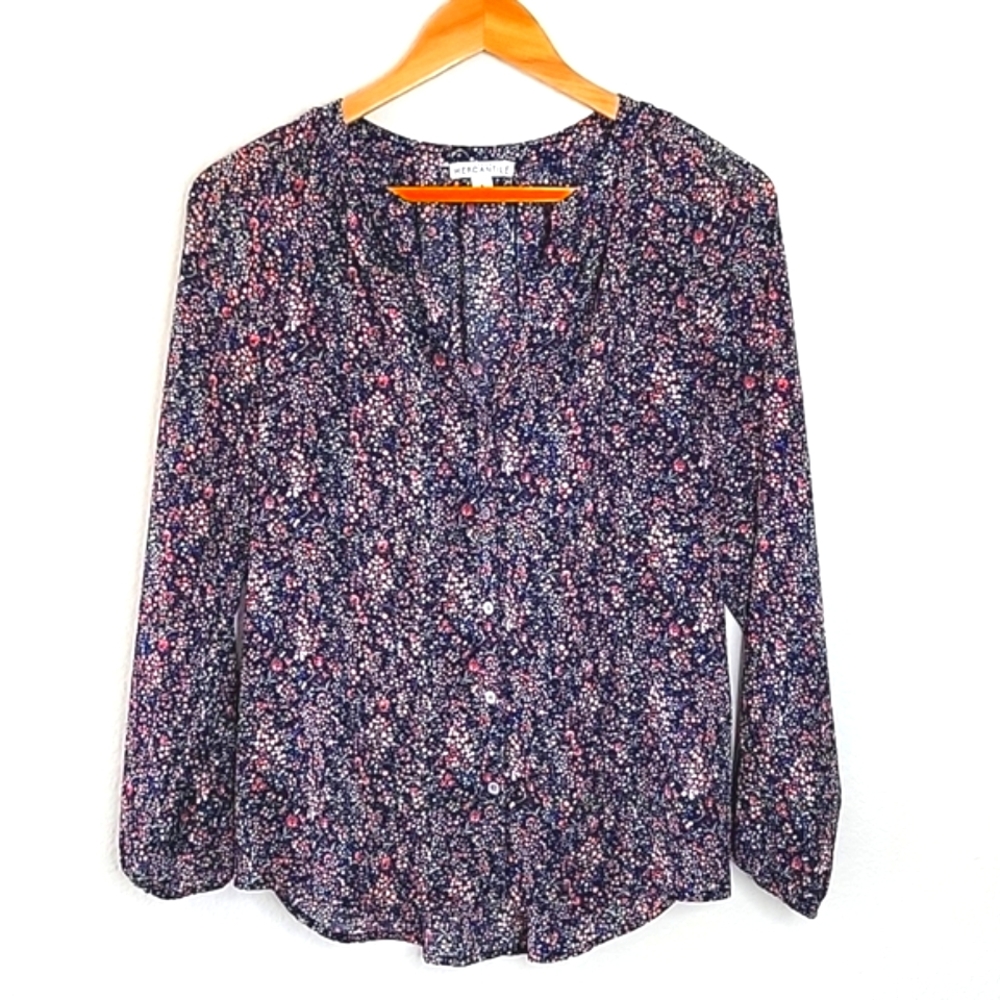 J. CREW Mercantile Navy Blue Peach Green Sheer Floral Button Up Blouse size S